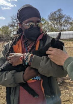 Person holding a baby goat.